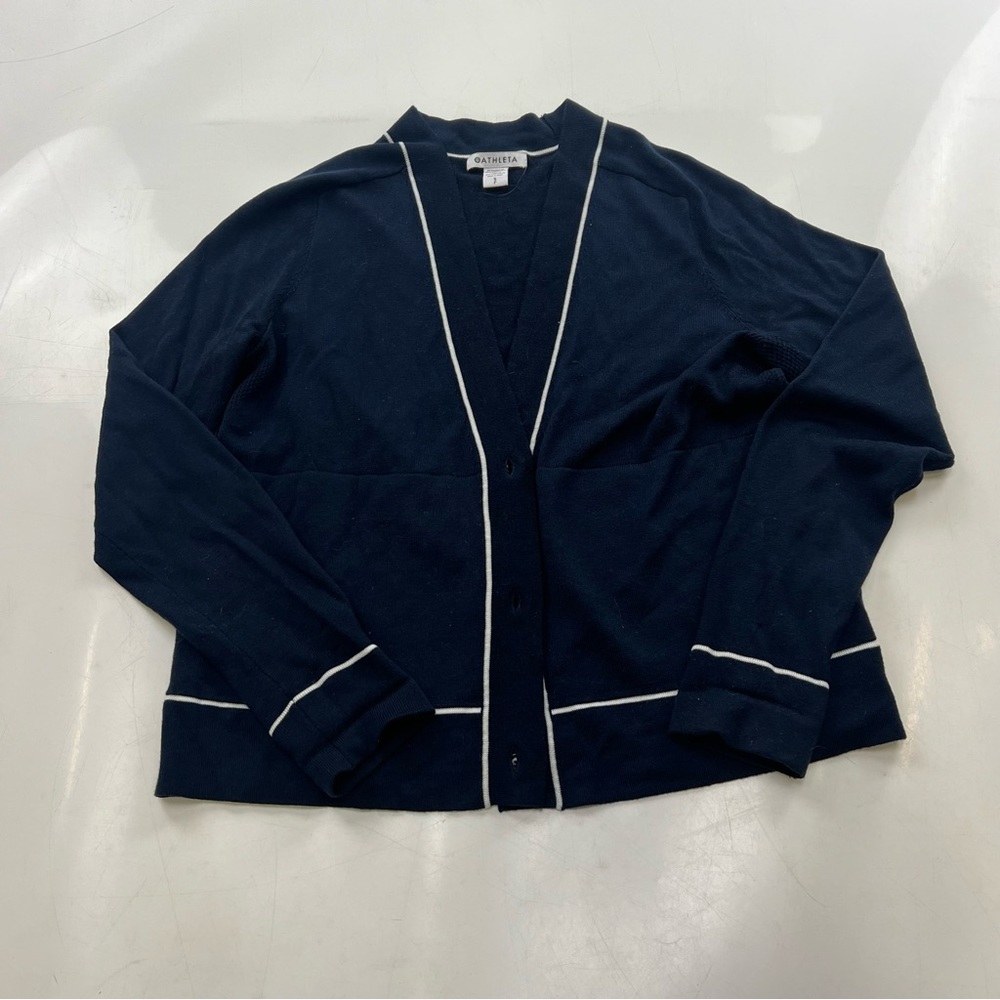 athleta women’s petite navy blue white  cardigan SP L65-15 - Picture 2 of 6